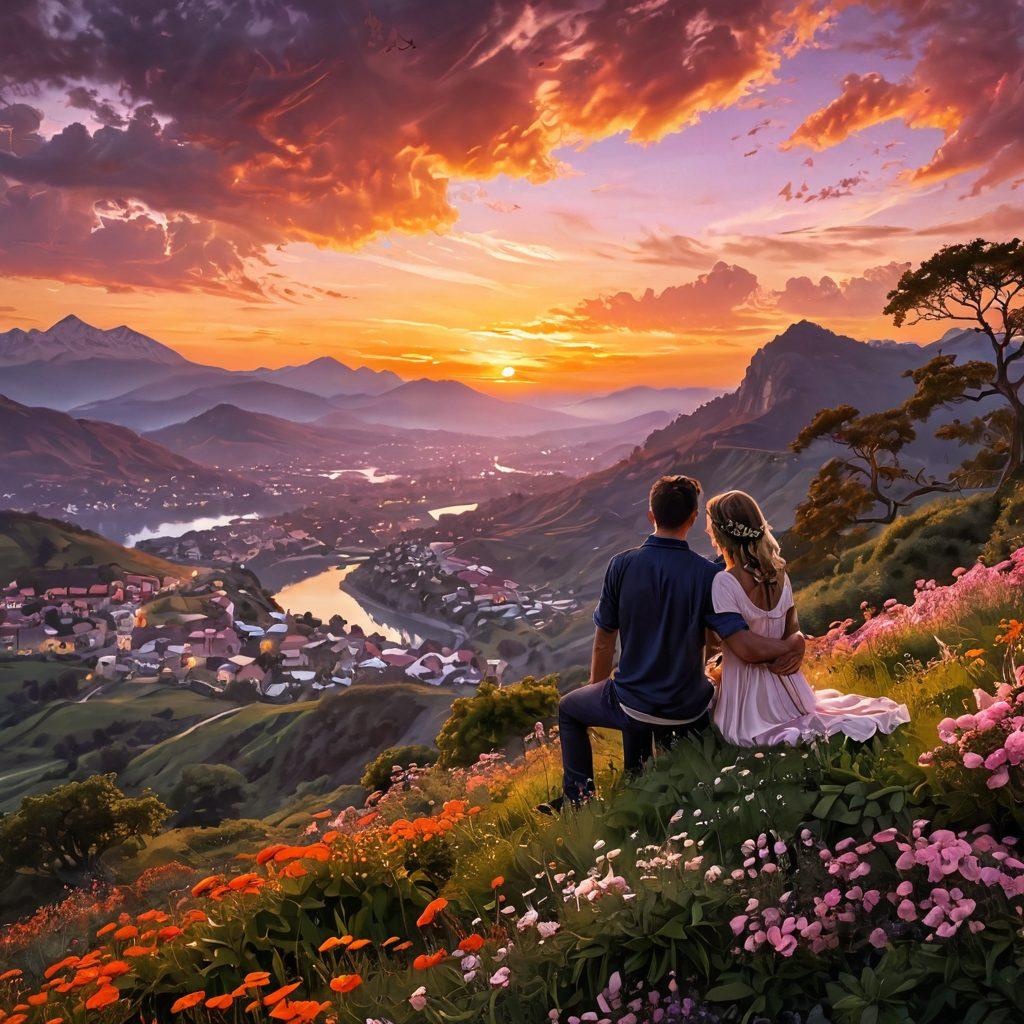 A serene scene of a couple embracing on a lush hilltop during sunset, surrounded by blooming flowers symbolizing love and devotion. In the background, silhouettes of distant mountains create a sense of intimacy and tranquility. The sky is painted with vibrant hues of orange and pink, reflecting warmth and connection. Soft glowing lights illuminate their figures, adding a magical touch to the moment. super-realistic. vibrant colors. romantic atmosphere.
