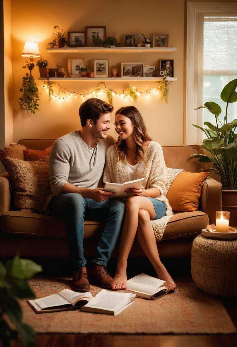 A warm and inviting scene capturing a couple sitting together on a cozy couch, sharing laughter and intimate moments. Surround them with personal mementos like photos and letters that illustrate their friendship growing into love. Soft lighting creates a romantic ambiance, while their body language shows comfort and connection. Include elements of nature like plants nearby to symbolize growth. super-realistic. warm color palette.